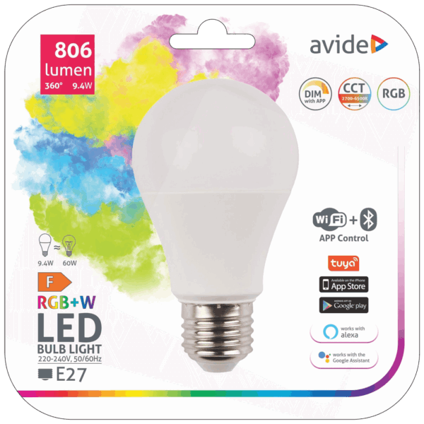 Avide Pametna sijalica, LED 9.4W, E27, RGB+W, WiFi, Bluetooth - Smart LED Globe A60 9.4W WiFi